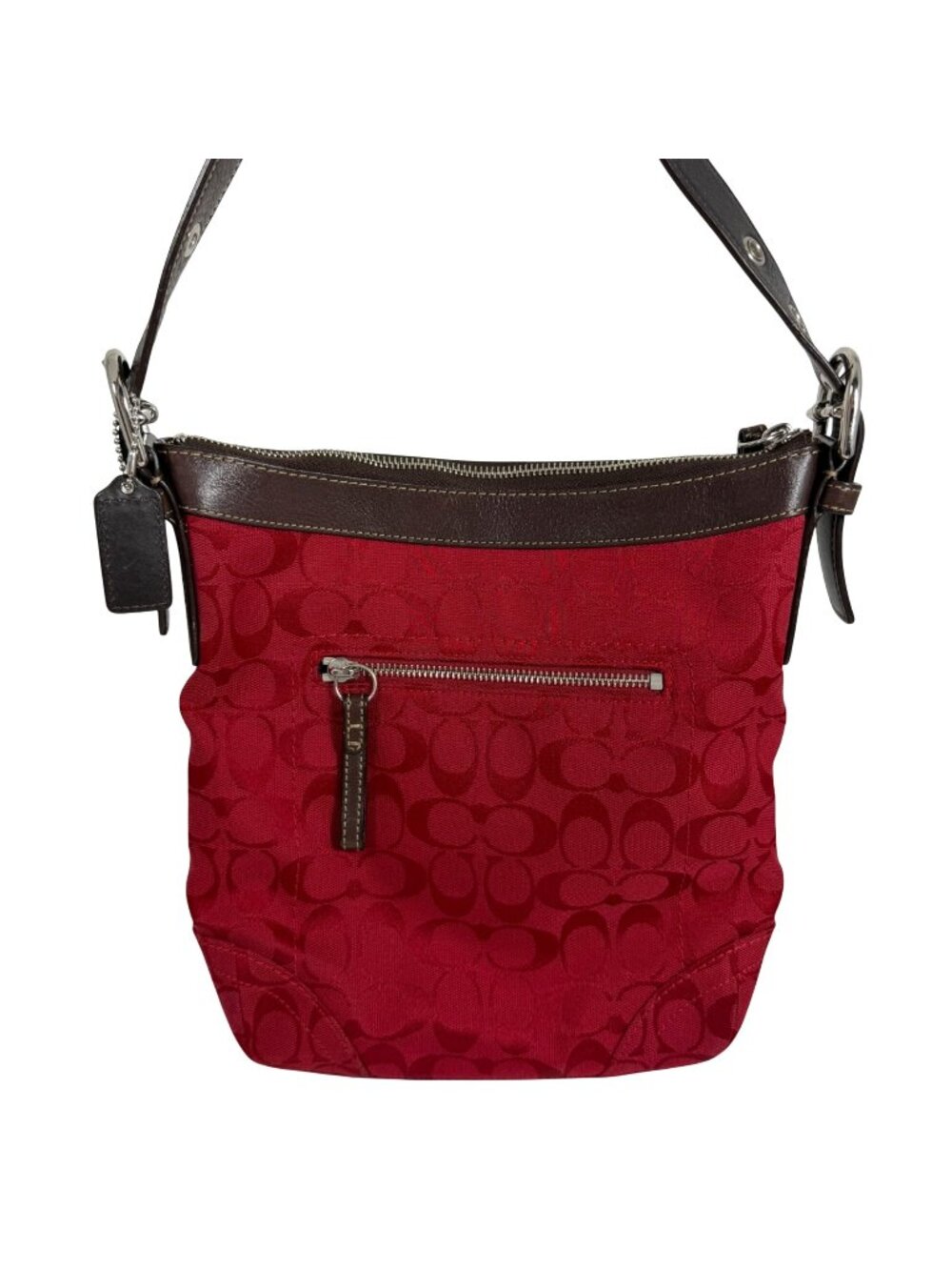 Coach Legacy Slim Duffle F12882 Red Jacquard w Brown Leather Trim and Strap EUC